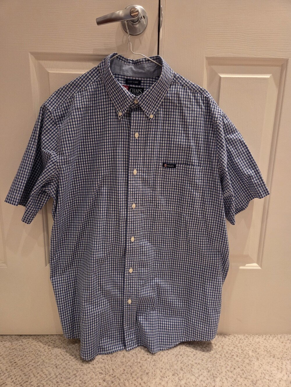 Chaps Large Men's Blue White Gingham Short-Sleeve Button-Down Shirt. Wedding